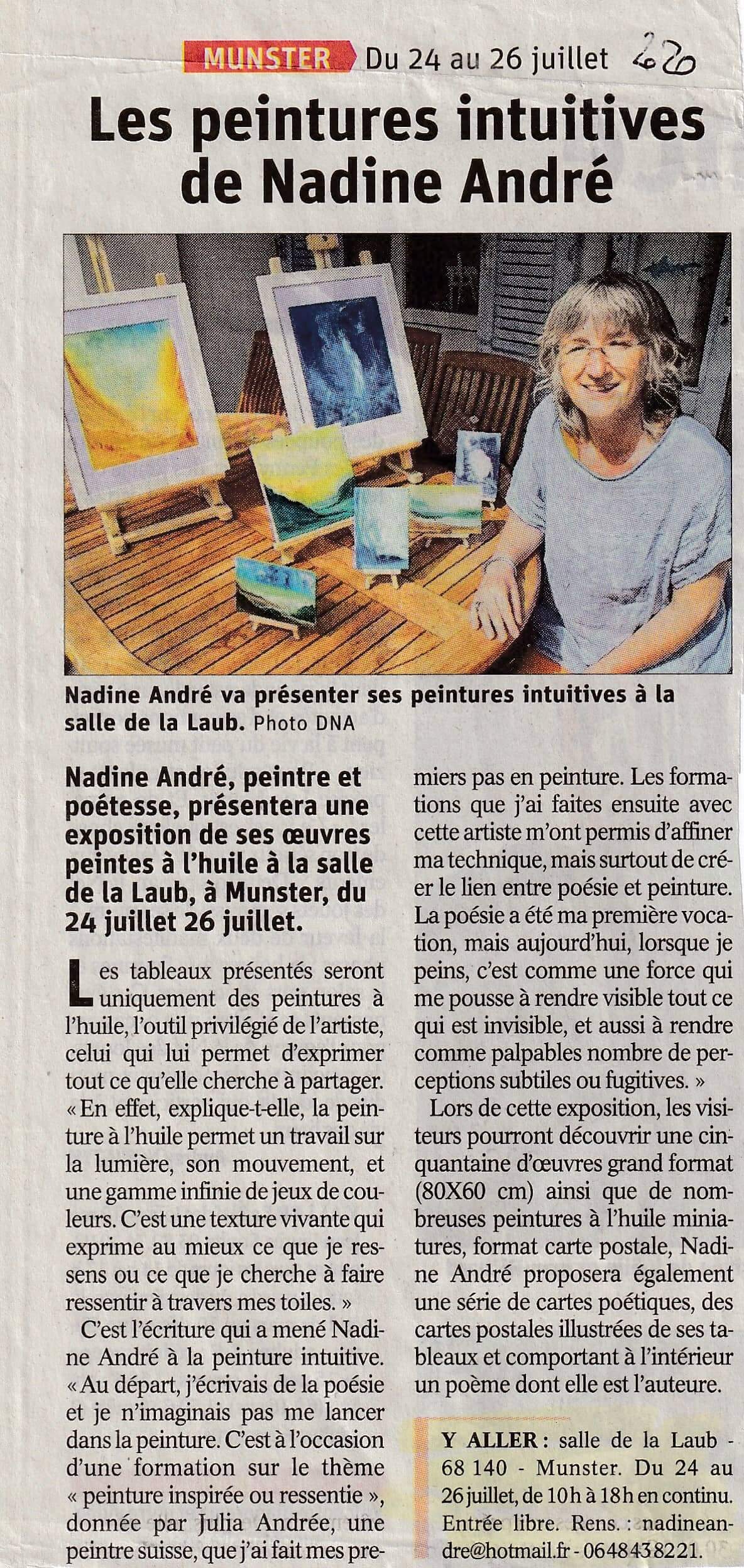 nadine-andre-annonce-exposition-munster-laub-juillet-2020 Article de journal de l'exposition de peintures à la salle de La Laub à Munster en juillet 2020