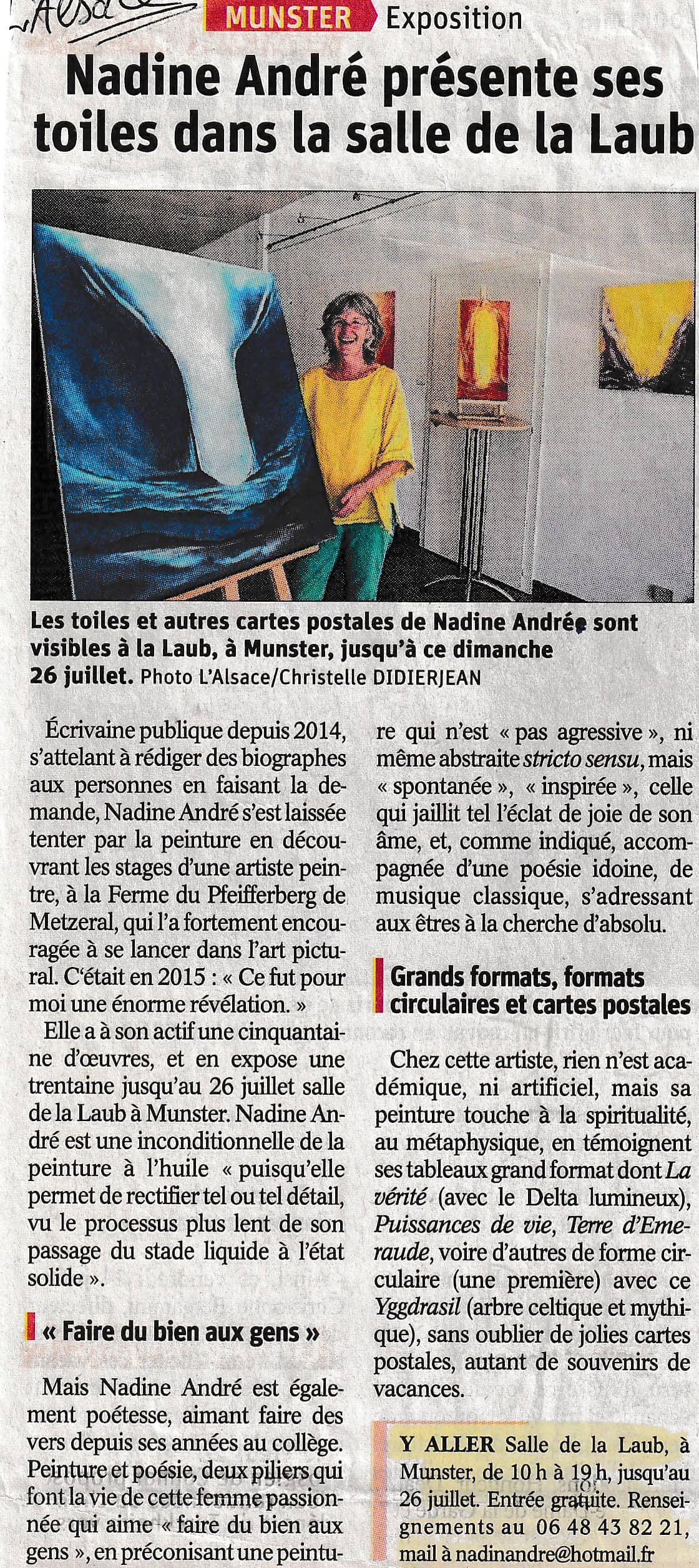nadine-andre-exposition-munster-laub-juillet-2020 Article de journal de l'exposition de peintures à la salle de La Laub à Munster en juillet 2020