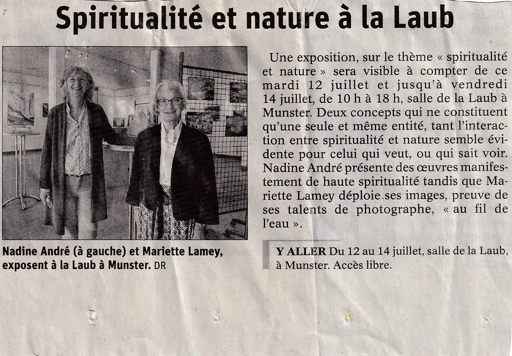 nadine-andre-exposition-munster-laub-juillet-2023 Article de journal de l'exposition de peintures et photos à la salle de La Laub à Munster en juillet 2023