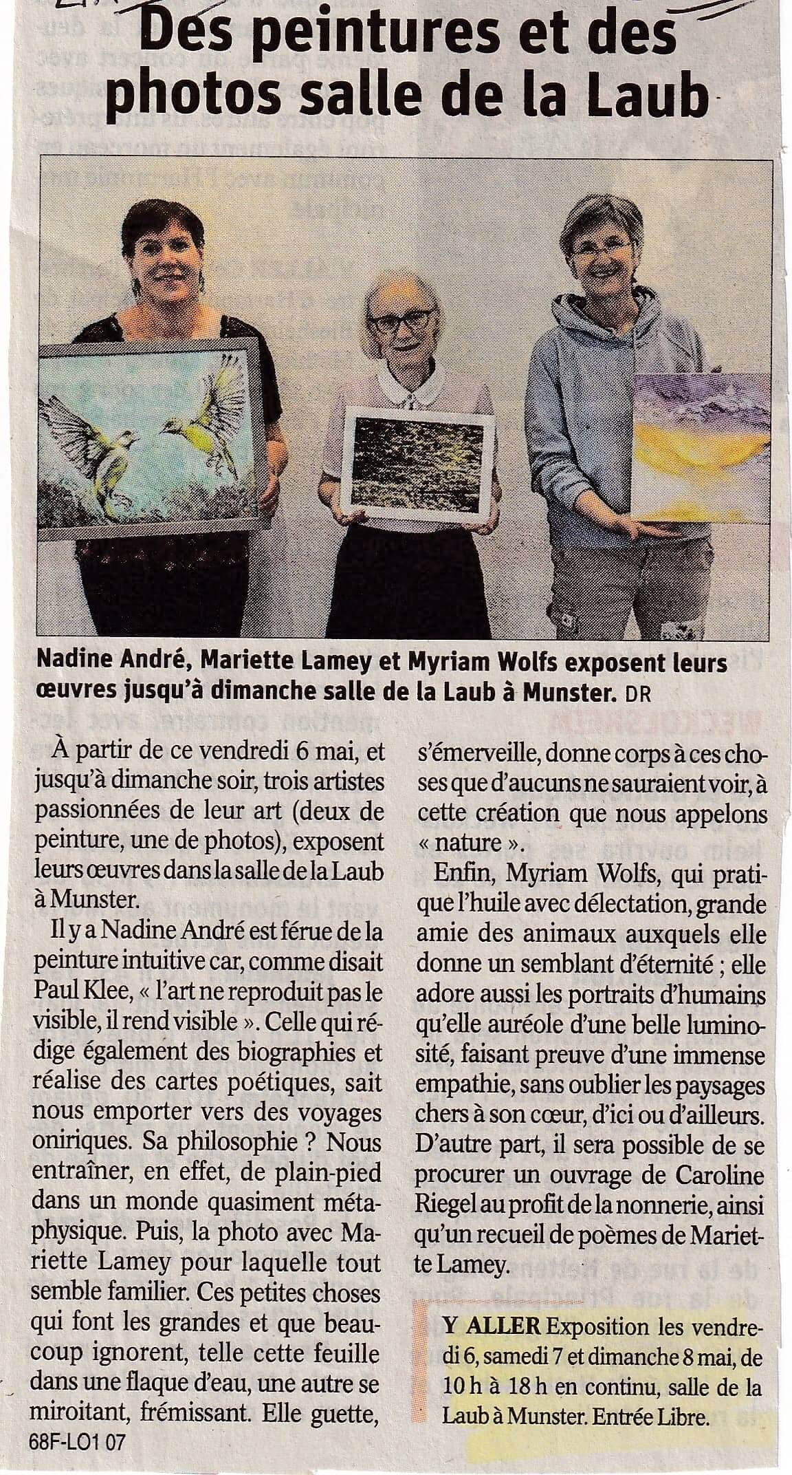 nadine-andre-exposition-munster-laub-mai-2022 Article de journal de l'exposition de peintures à la salle de La Laub à Munster en mai 2022